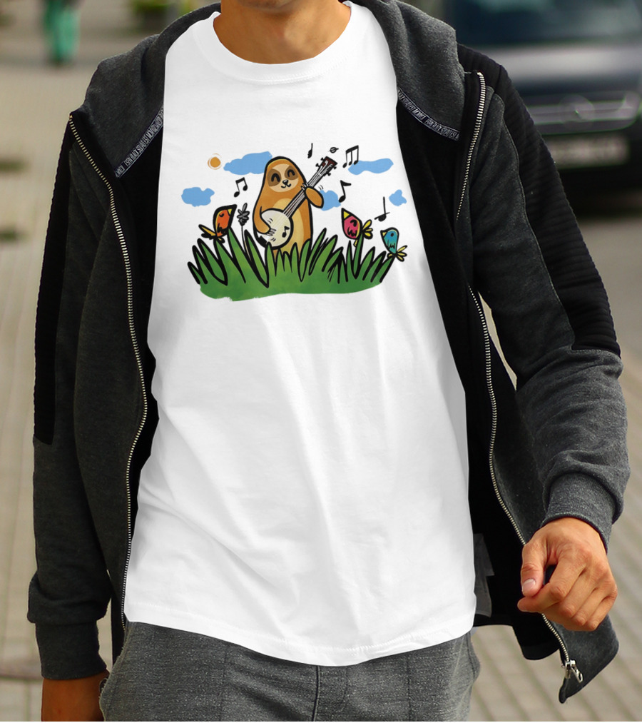Sloth Happy Playing The Banjo With Singing Birds T-Shirt