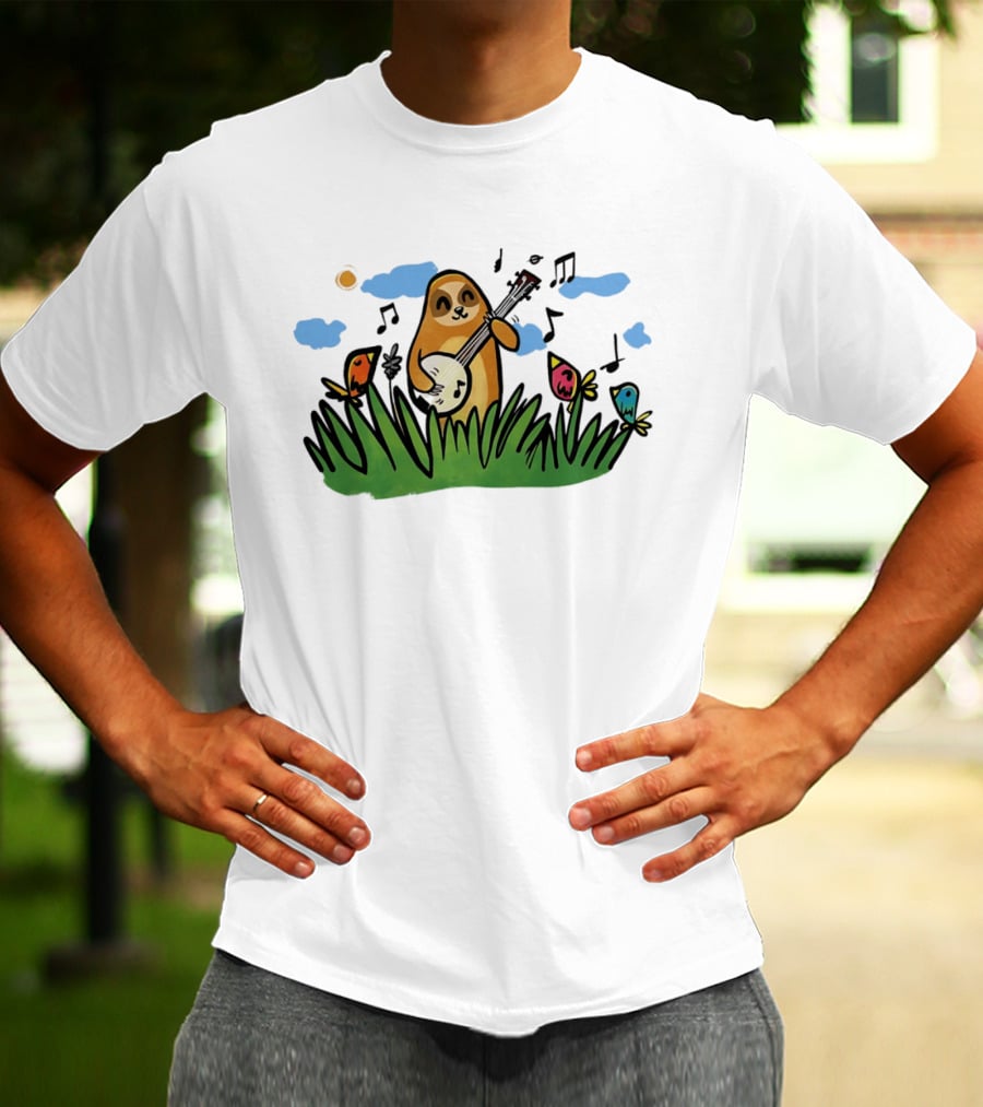 Sloth Happy Playing The Banjo With Singing Birds T-Shirt