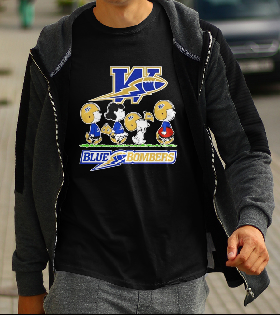 Peanuts Characters Winnipeg Blue Bombers CFL Collaboration Charlie Brown Snoopy Lucy Football Helmets T-Shirt