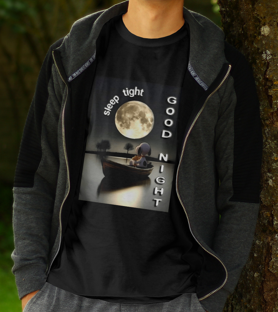 Sleep Tight Good Night Snoopy And Woodstock Moonlight Boat Scene T-Shirt
