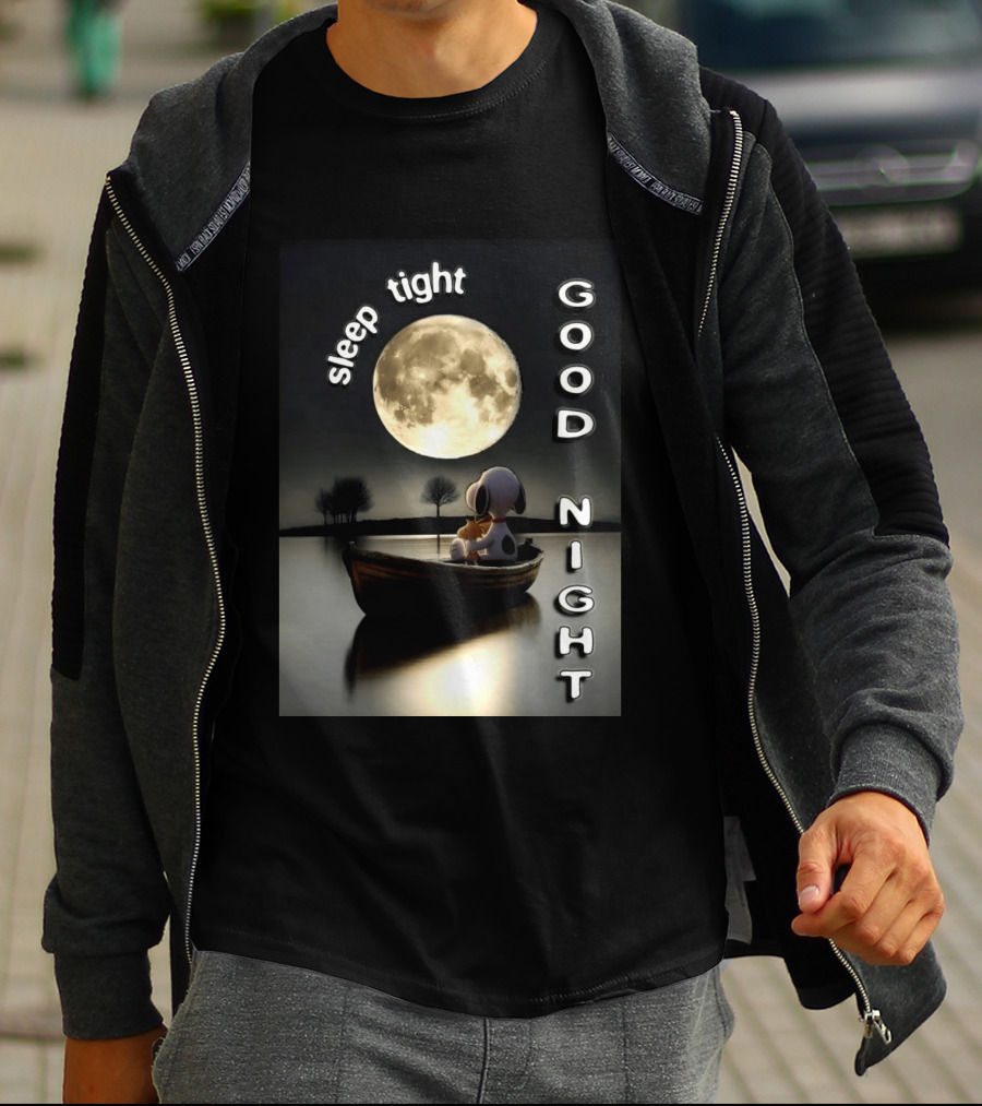 Sleep Tight Good Night Snoopy And Woodstock Moonlight Boat Scene T-Shirt