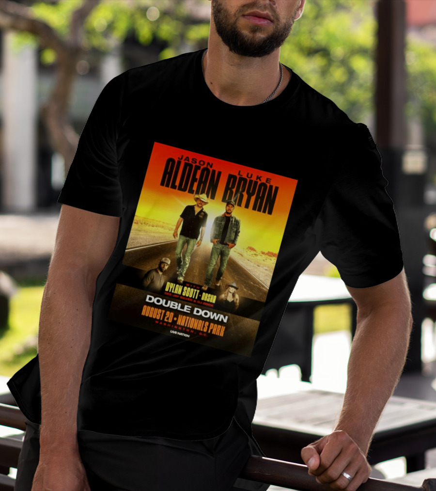 Jason Aldean Luke Bryan Double Down August 20 Nationals Park Washington D.C. With Dylan Scott Dasha Dee Jay Silver Dj Rock Live Nation T-Shirt