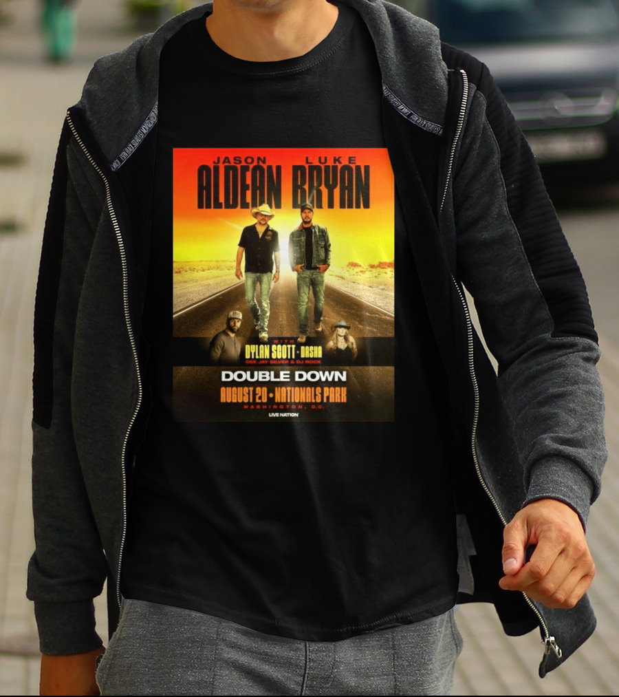 Jason Aldean Luke Bryan Double Down August 20 Nationals Park Washington D.C. With Dylan Scott Dasha Dee Jay Silver Dj Rock Live Nation T-Shirt