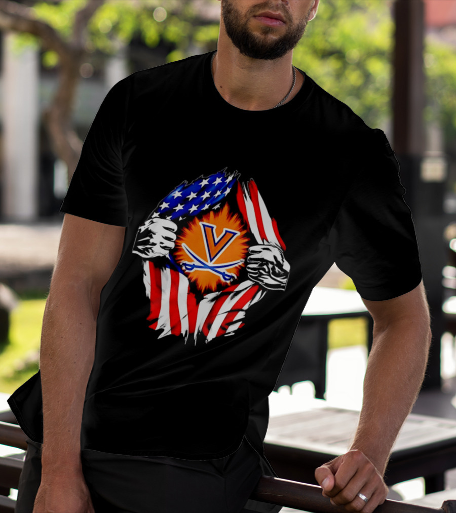 Virginia Cavaliers American Flag Ripped Chest V T-Shirt