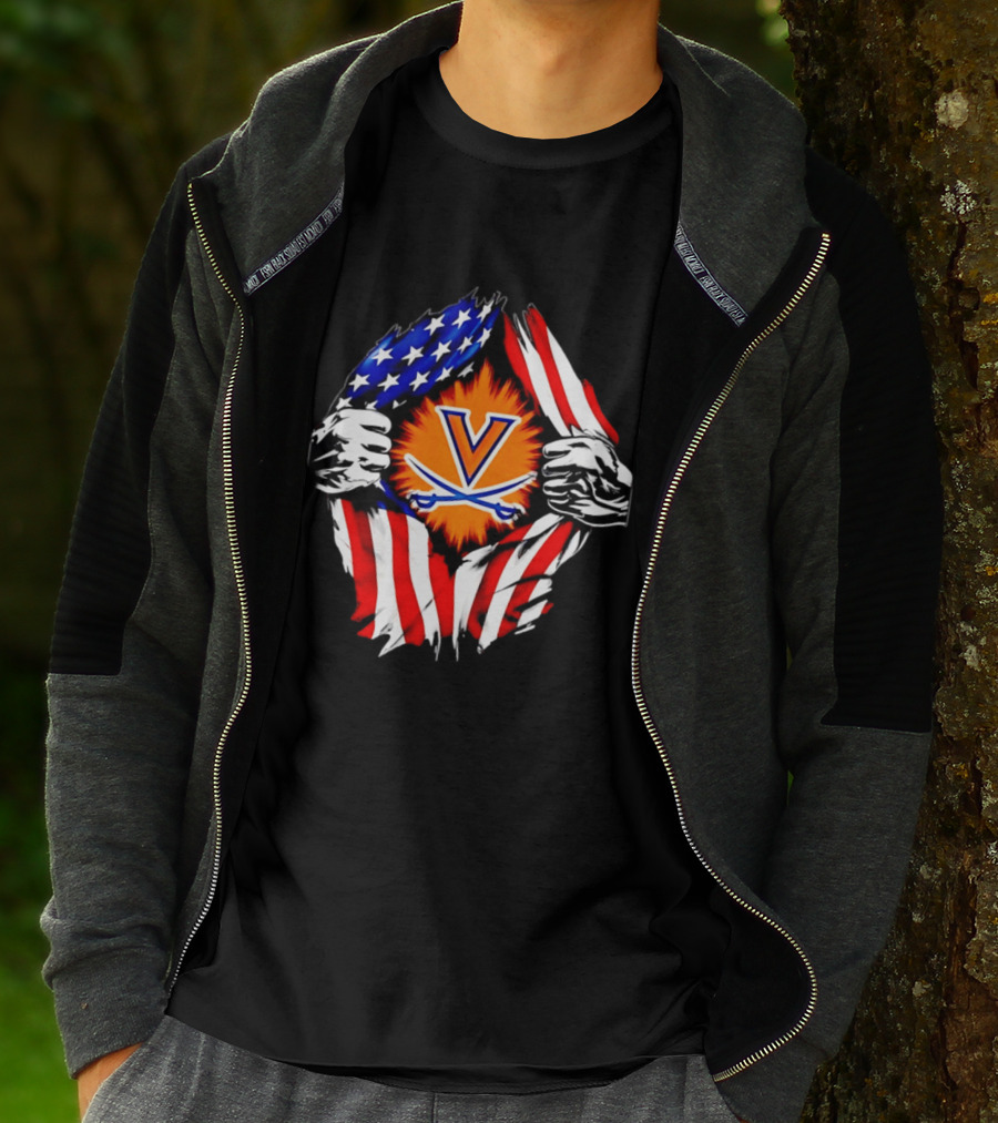 Virginia Cavaliers American Flag Ripped Chest V T-Shirt