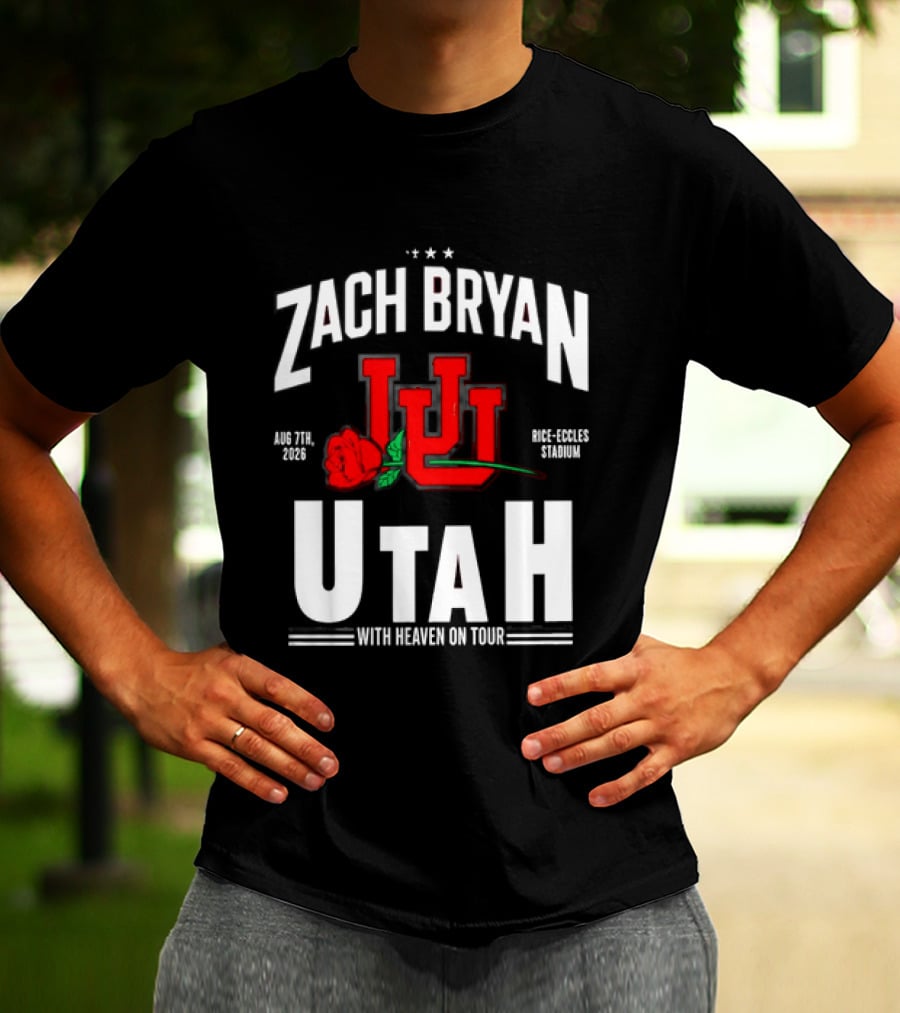 Zach Bryan Utah Rice Eccles Stadium Aug 7th 2026 With Heaven On Tour Red Rose JJJ T-Shirt
