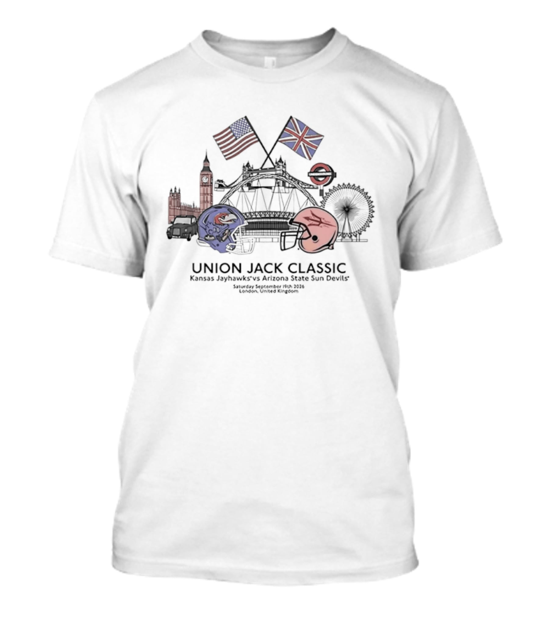 Union Jack Classic Kansas Jayhawks Arizona State Sun Devils London 2026 Big Ben Ferris Wheel Football Helmets USA UK Flags T-Shirt