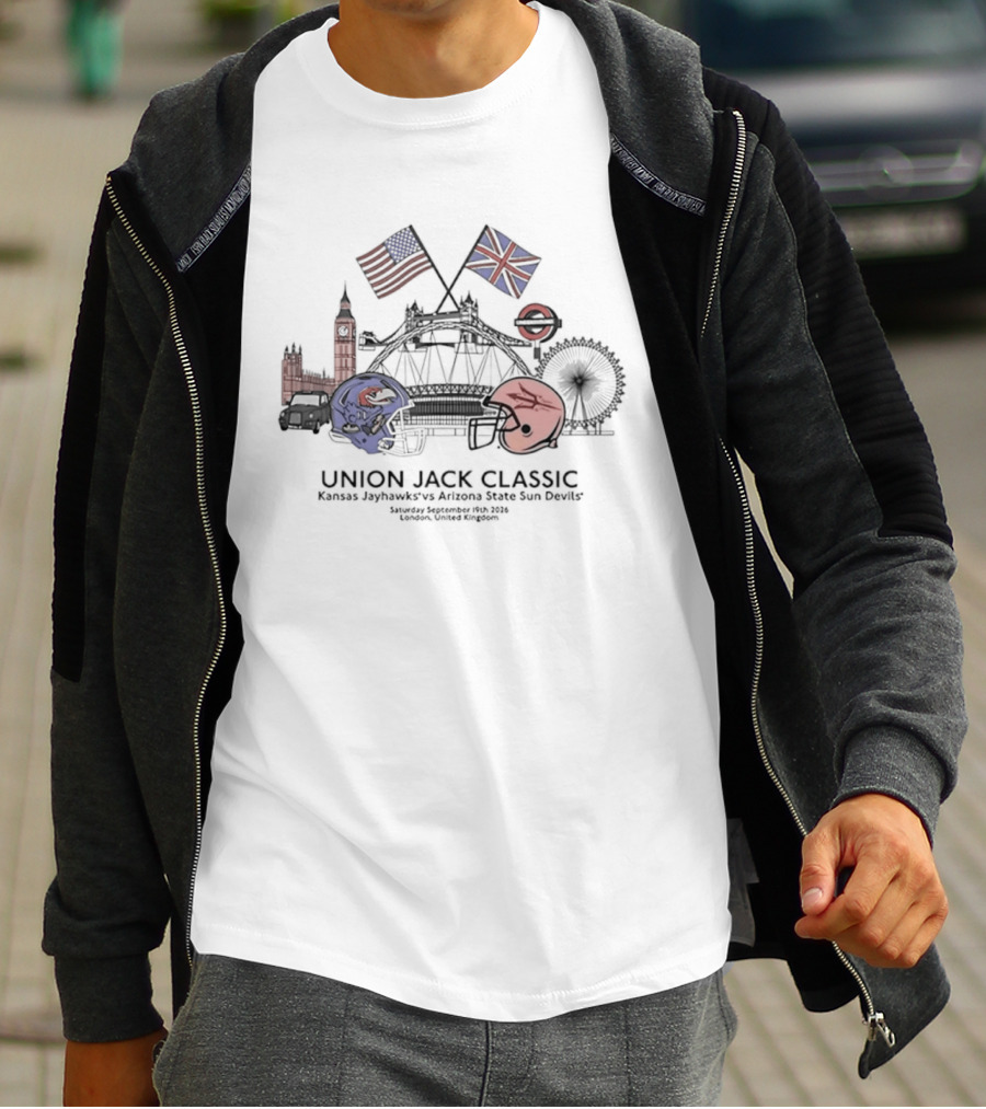 Union Jack Classic Kansas Jayhawks Arizona State Sun Devils London 2026 Big Ben Ferris Wheel Football Helmets USA UK Flags T-Shirt