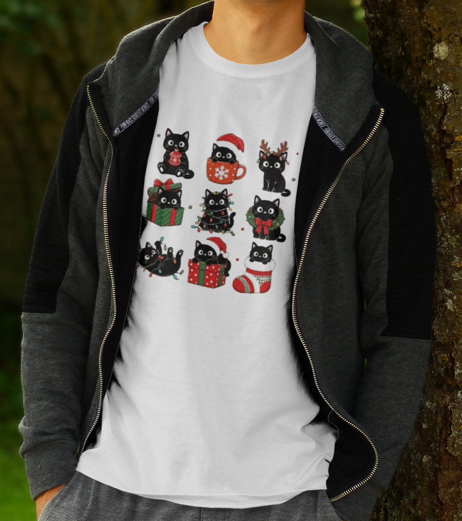 Black Cats Christmas Grid T-Shirt