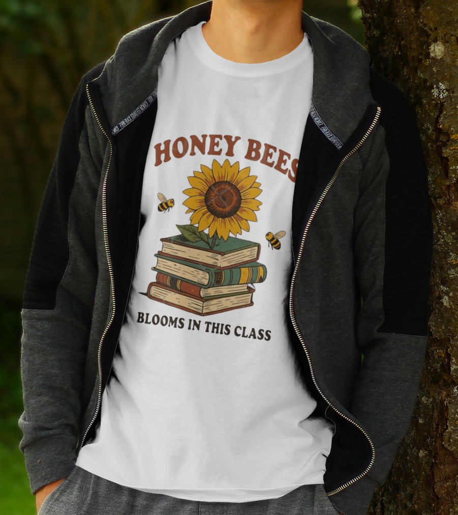 Honey Bees Blooms In This Class Sunflower And Books T-Shirt