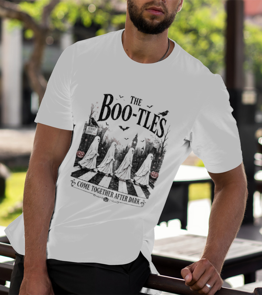 The Boo Tles Come Together After Dark Halloween Ghostly Abbey Road Bats Pumpkins T-Shirt