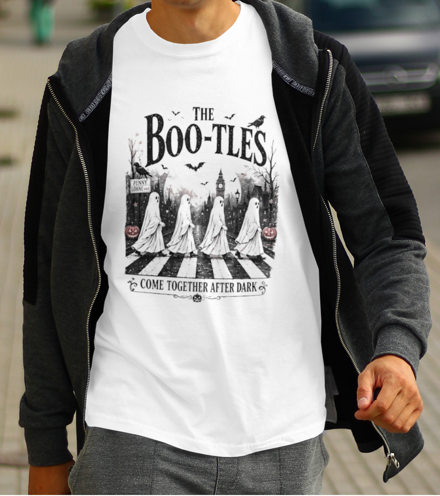 The Boo Tles Come Together After Dark Halloween Ghostly Abbey Road Bats Pumpkins T-Shirt
