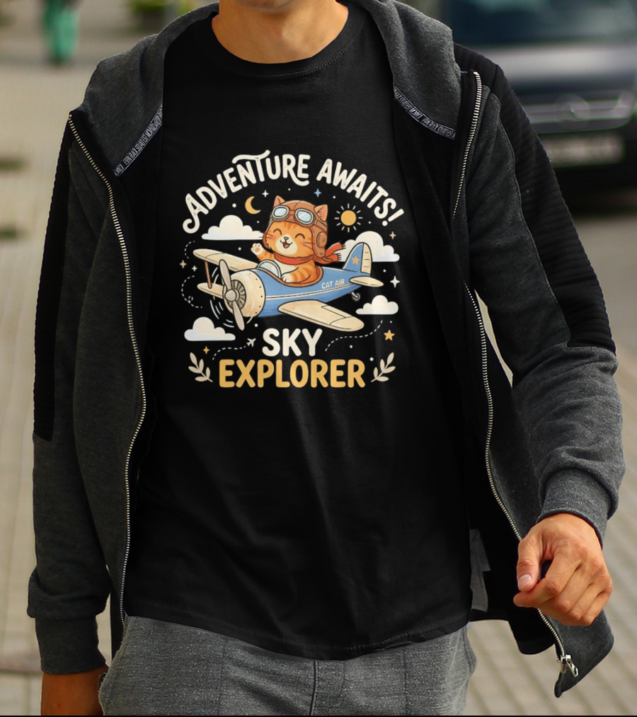 Adventure Awaits Cat Sky Explorer Airplane T-Shirt