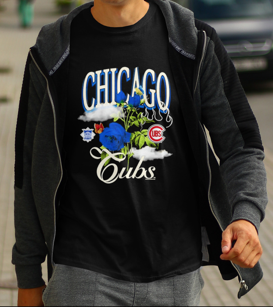 Chicago Cubs National League Blue Floral Rose Clouds T-Shirt