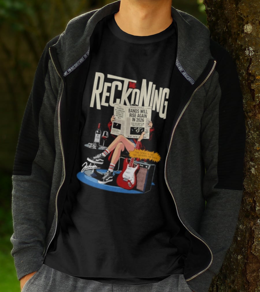 The Reckoning Bands Will Rise Again 2026 Woman Reading Newspaper Red Electric Guitar Amp T-Shirt
