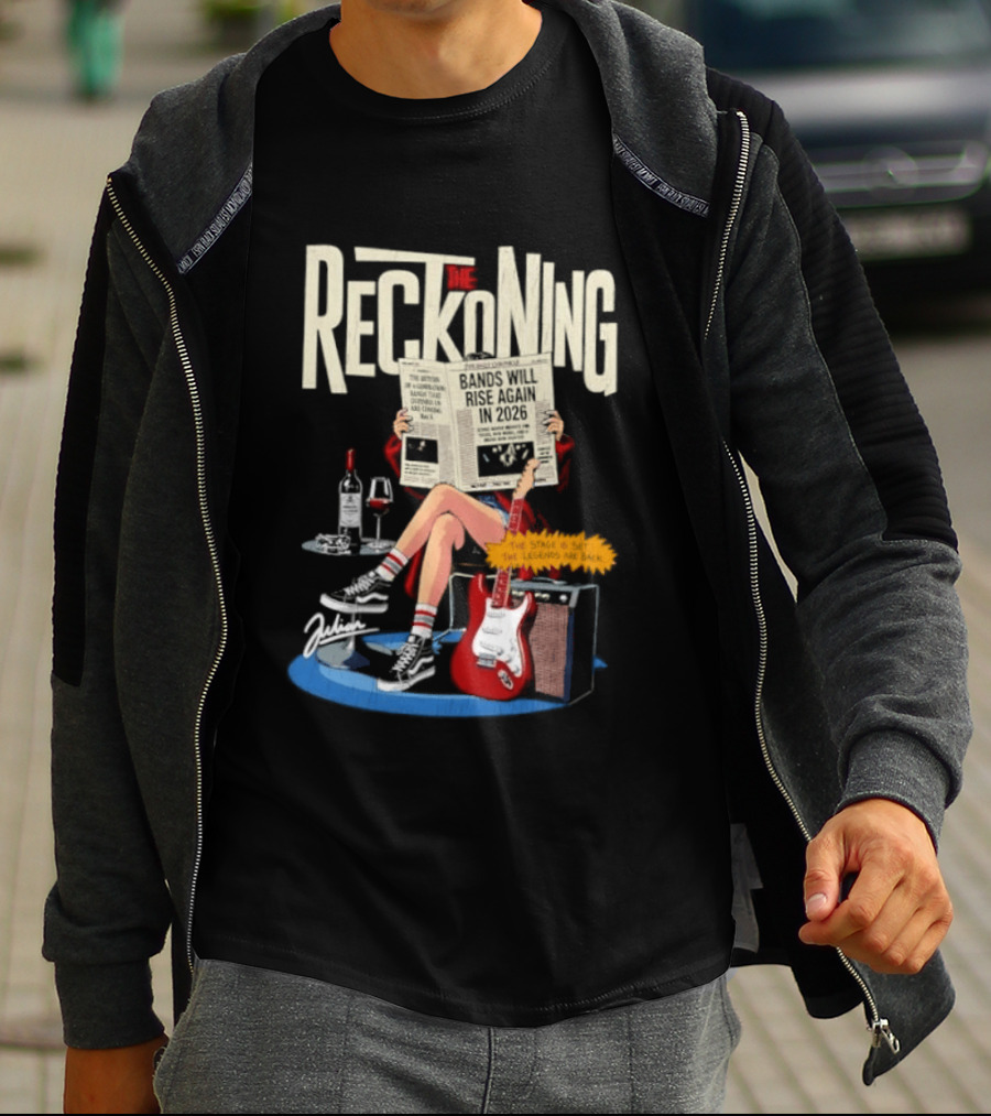 The Reckoning Bands Will Rise Again 2026 Woman Reading Newspaper Red Electric Guitar Amp T-Shirt