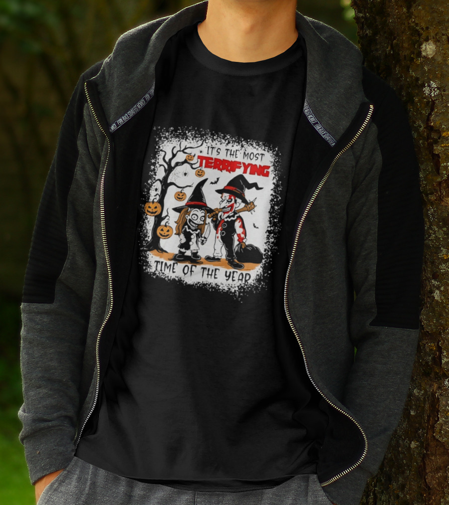It's The Most Terrifying Time Of The Year Halloween Witch And Clown Axe Pumpkin T-Shirt