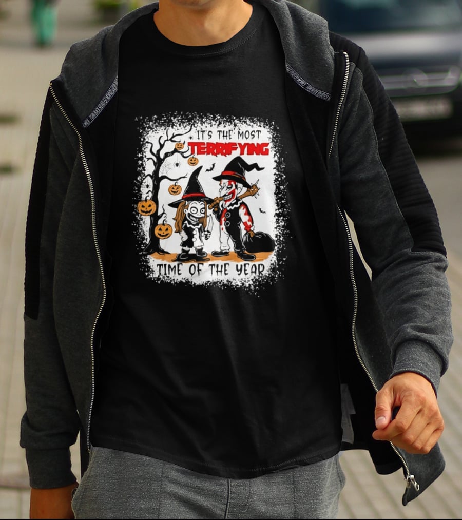 It's The Most Terrifying Time Of The Year Halloween Witch And Clown Axe Pumpkin T-Shirt