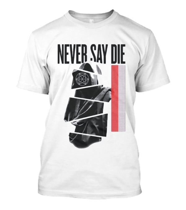Never Say Die Hooded Occult Figure With Pentagram Halftone T-Shirt