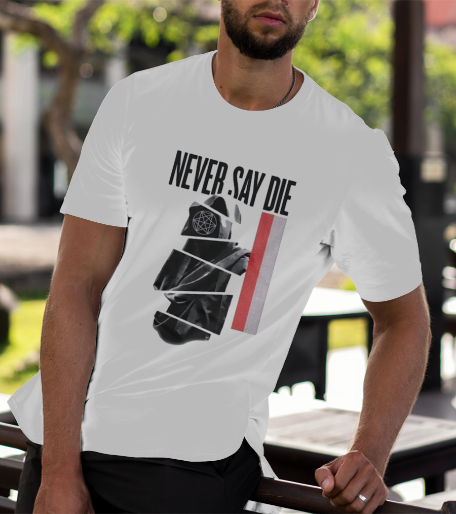 Never Say Die Hooded Occult Figure With Pentagram Halftone T-Shirt