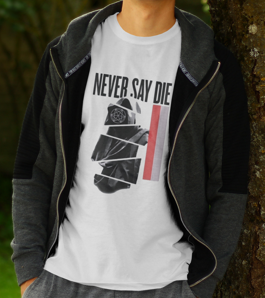 Never Say Die Hooded Occult Figure With Pentagram Halftone T-Shirt