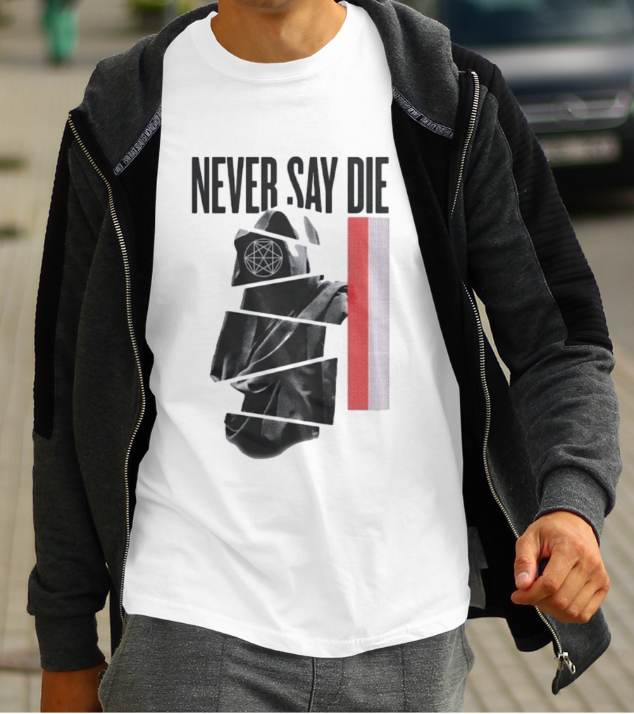 Never Say Die Hooded Occult Figure With Pentagram Halftone T-Shirt