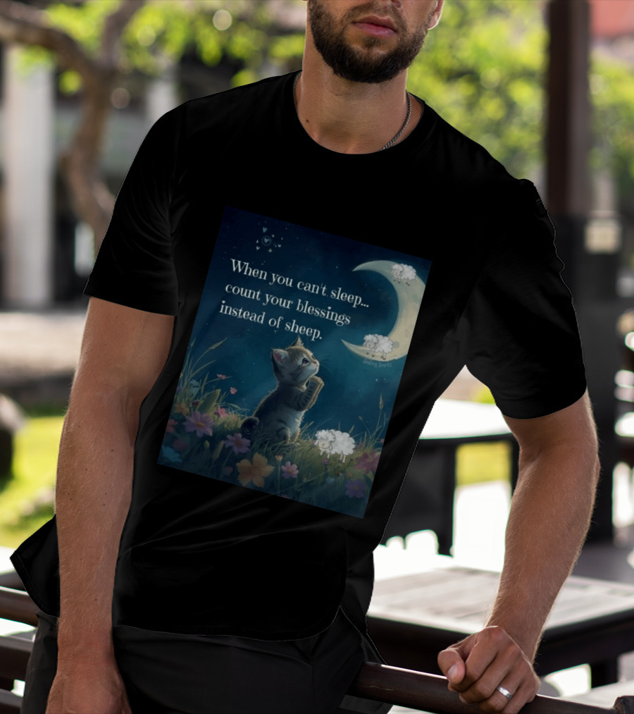 Cat When You Can't Sleep Count Your Blessings Instead Of Sheep Healing Vibes Moon Sheep Flowers T-Shirt