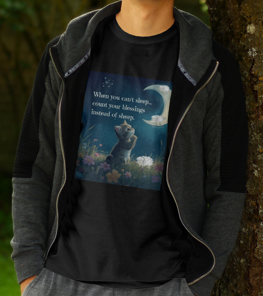 Cat When You Can't Sleep Count Your Blessings Instead Of Sheep Healing Vibes Moon Sheep Flowers T-Shirt