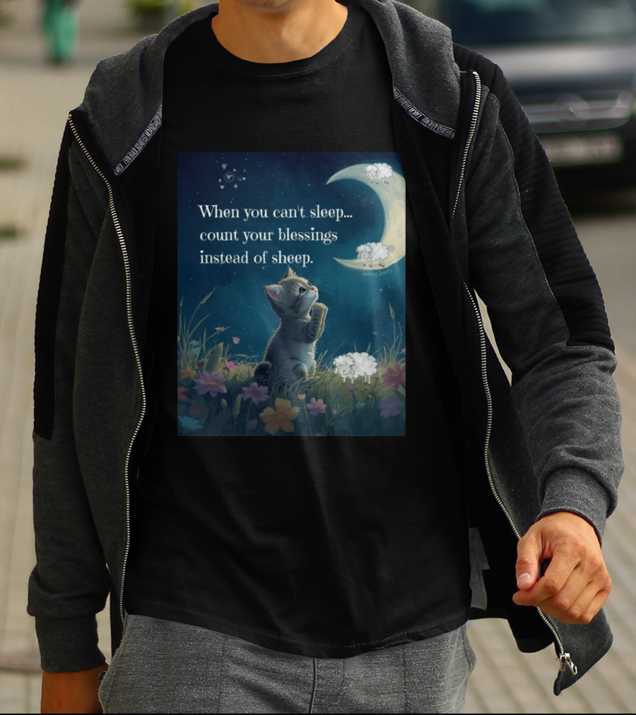 Cat When You Can't Sleep Count Your Blessings Instead Of Sheep Healing Vibes Moon Sheep Flowers T-Shirt