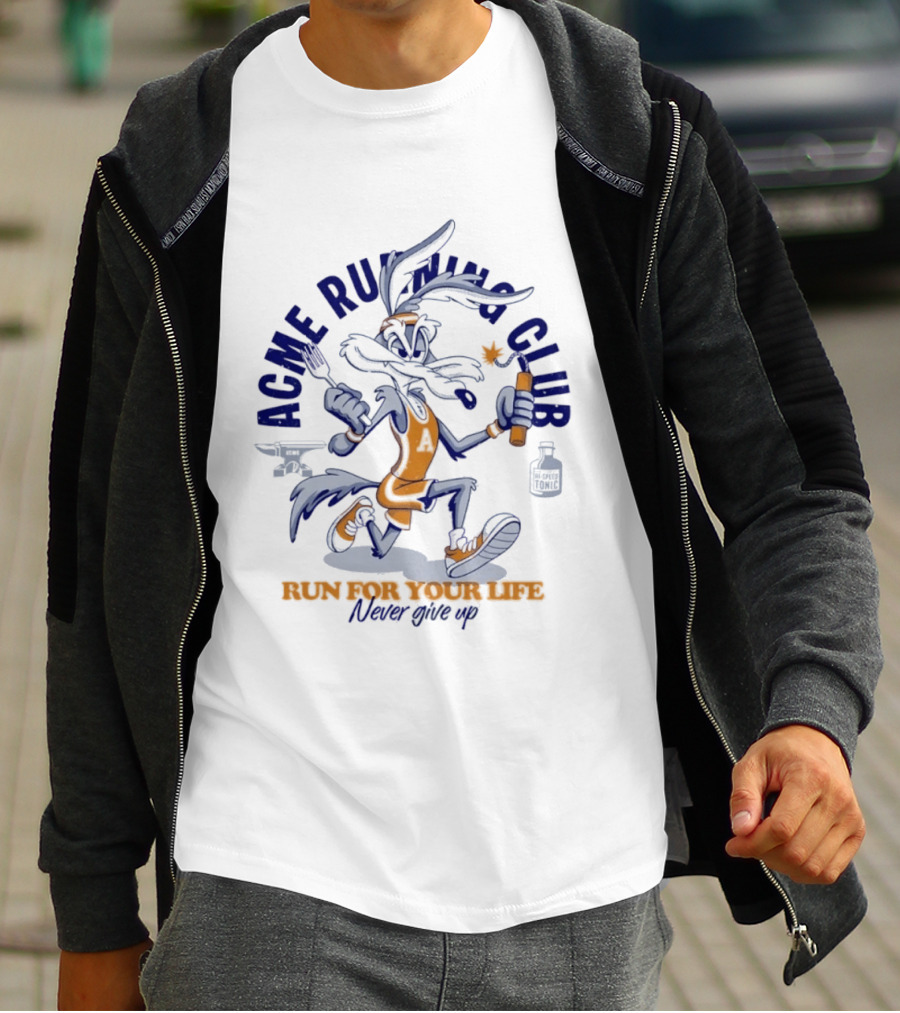 Acme Running Club Wile E Coyote Run For Your Life Never Give Up T-Shirt