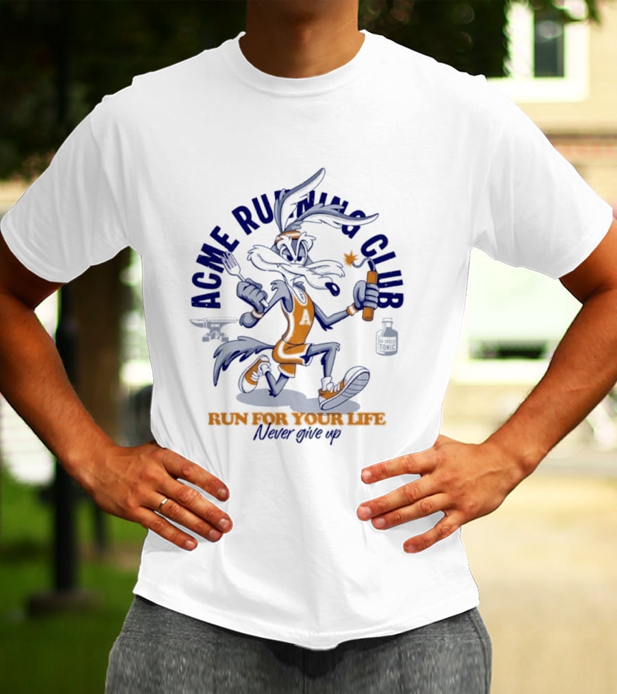 Acme Running Club Wile E Coyote Run For Your Life Never Give Up T-Shirt