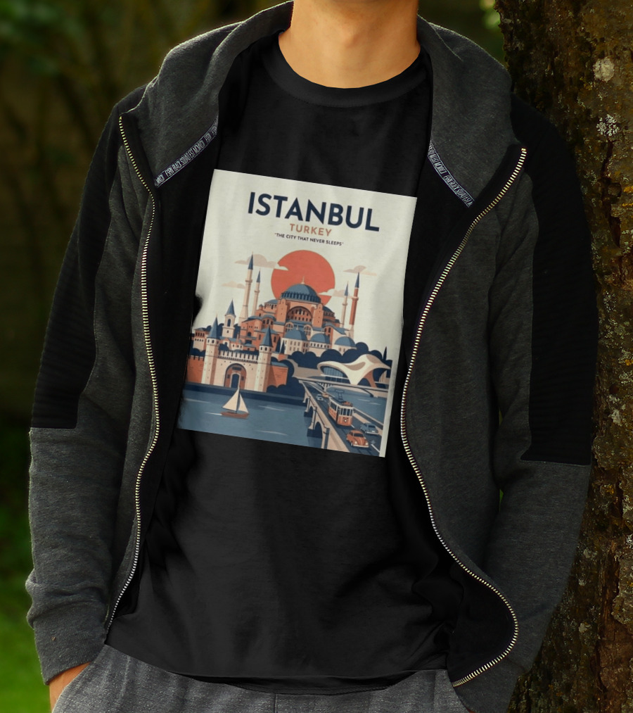 Istanbul Turkey The City That Never Sleeps Iconic Landmarks Urban Skyline Retro Style Scenic Tram And Sailboat T-Shirt