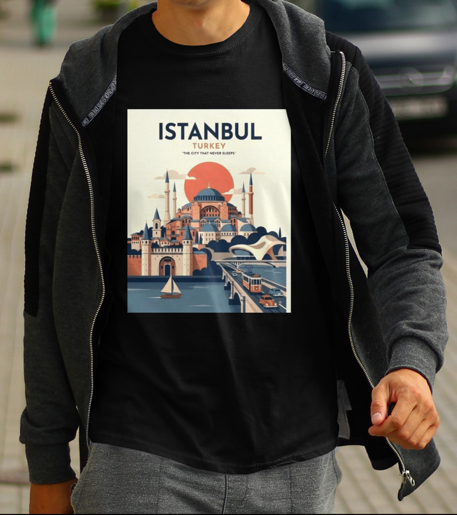 Istanbul Turkey The City That Never Sleeps Iconic Landmarks Urban Skyline Retro Style Scenic Tram And Sailboat T-Shirt