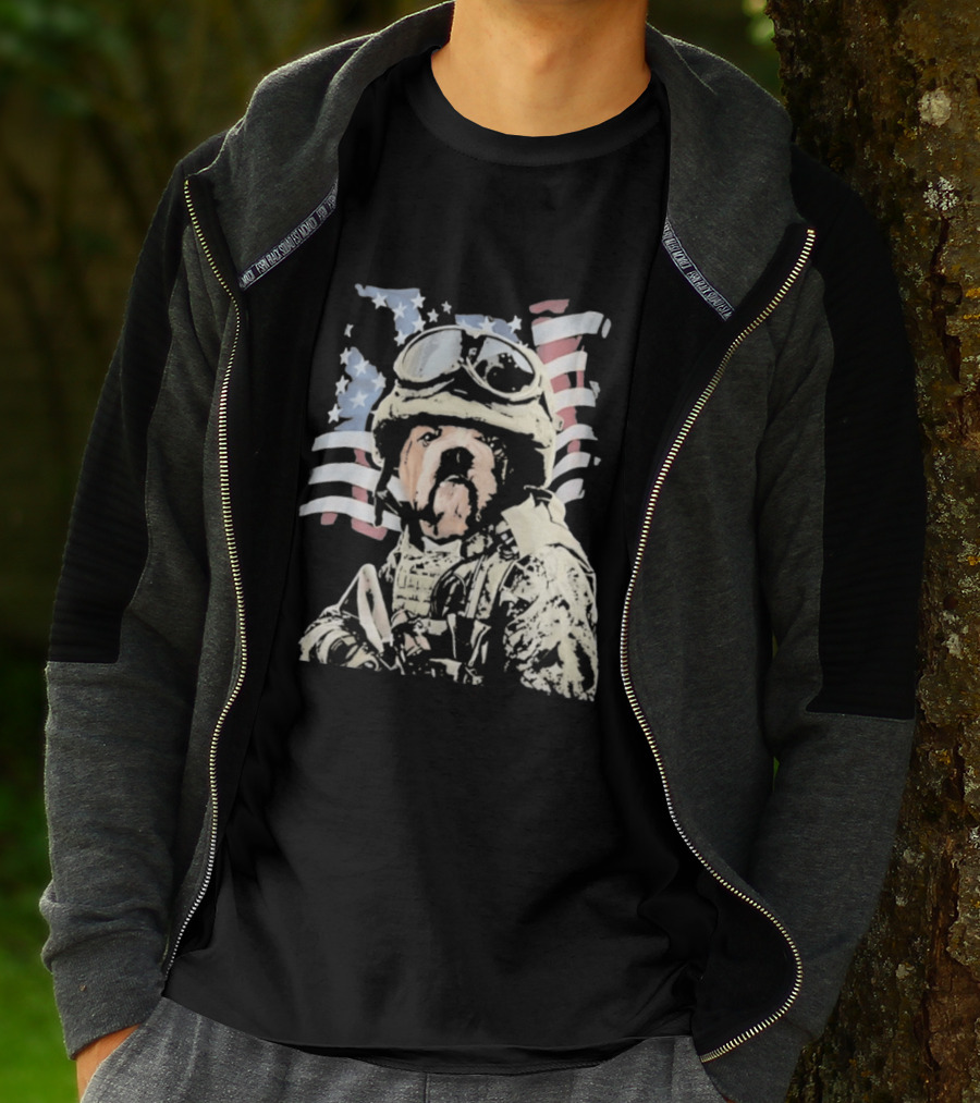 American Bulldog Soldier With United States Flag Goggles And Military Gear T-Shirt