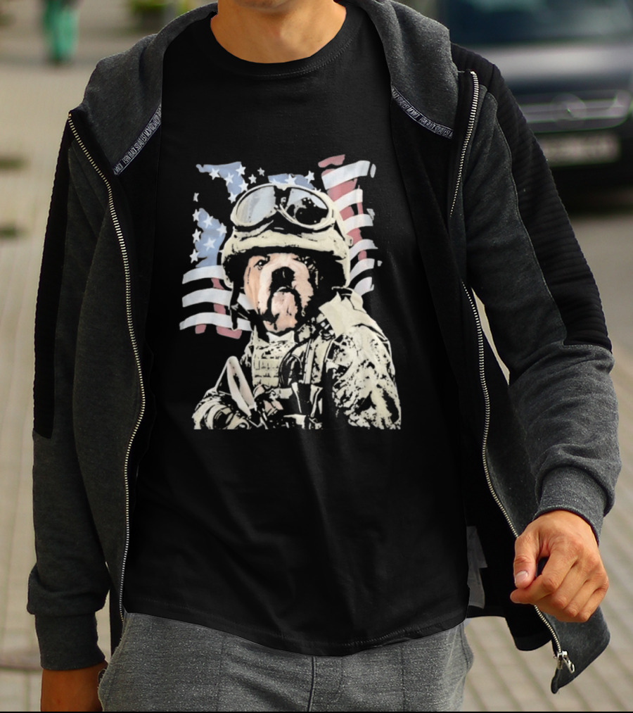 American Bulldog Soldier With United States Flag Goggles And Military Gear T-Shirt