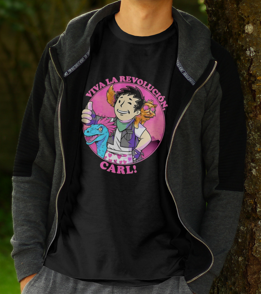 Viva La Revolución Carl Fallout Vault Boy Dinosaur Cat T-Shirt