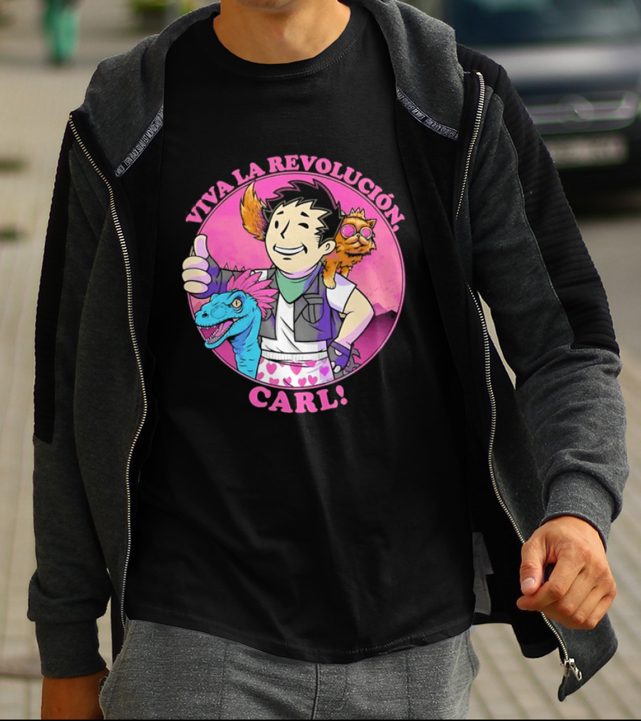 Viva La Revolución Carl Fallout Vault Boy Dinosaur Cat T-Shirt