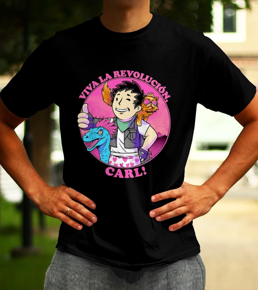 Viva La Revolución Carl Fallout Vault Boy Dinosaur Cat T-Shirt