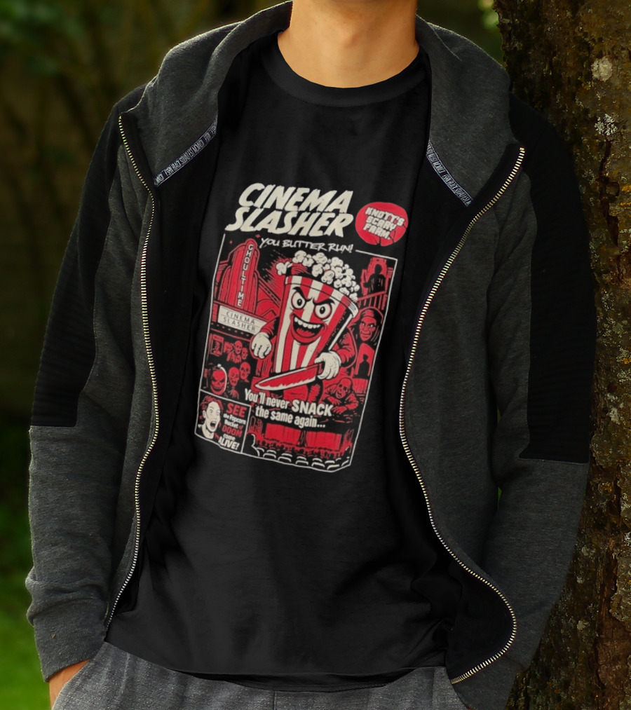 Cinema Slasher You Butter Run Knott's Scary Farm Popcorn Bucket Of Doom T-Shirt
