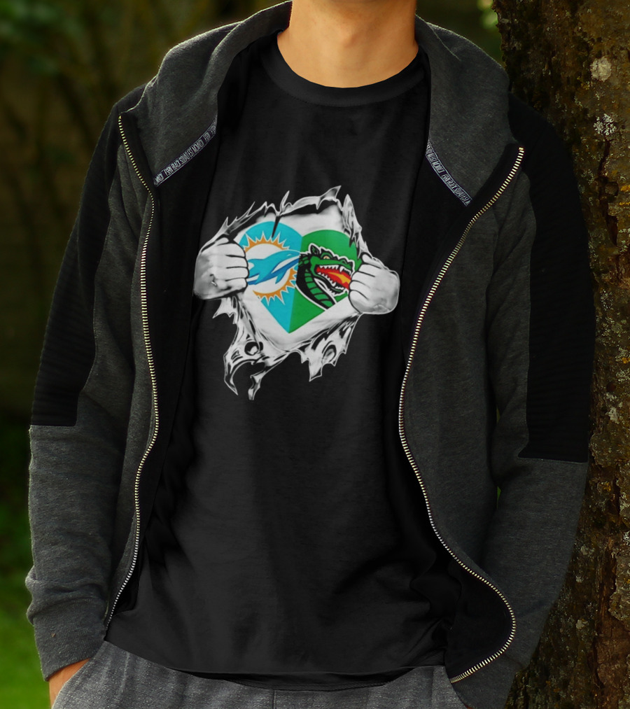Miami Dolphins UAB Blazers Heart Superman Chest Rip T-Shirt