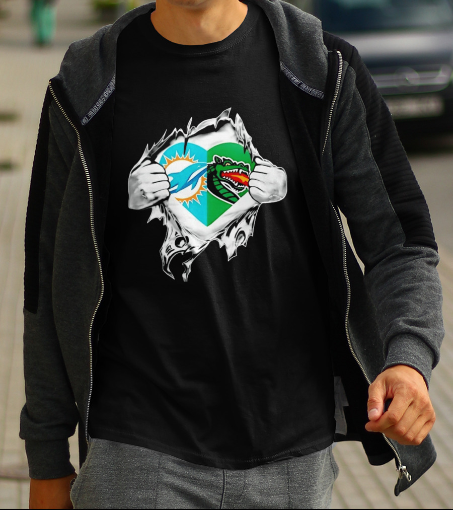 Miami Dolphins UAB Blazers Heart Superman Chest Rip T-Shirt