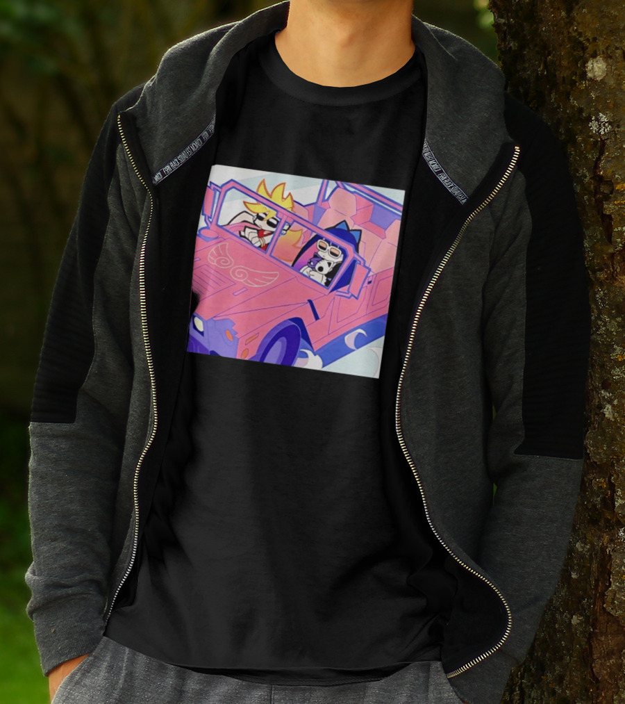 Panty And Stocking With Garterbelt Anime Characters Riding In Pink Car T-Shirt