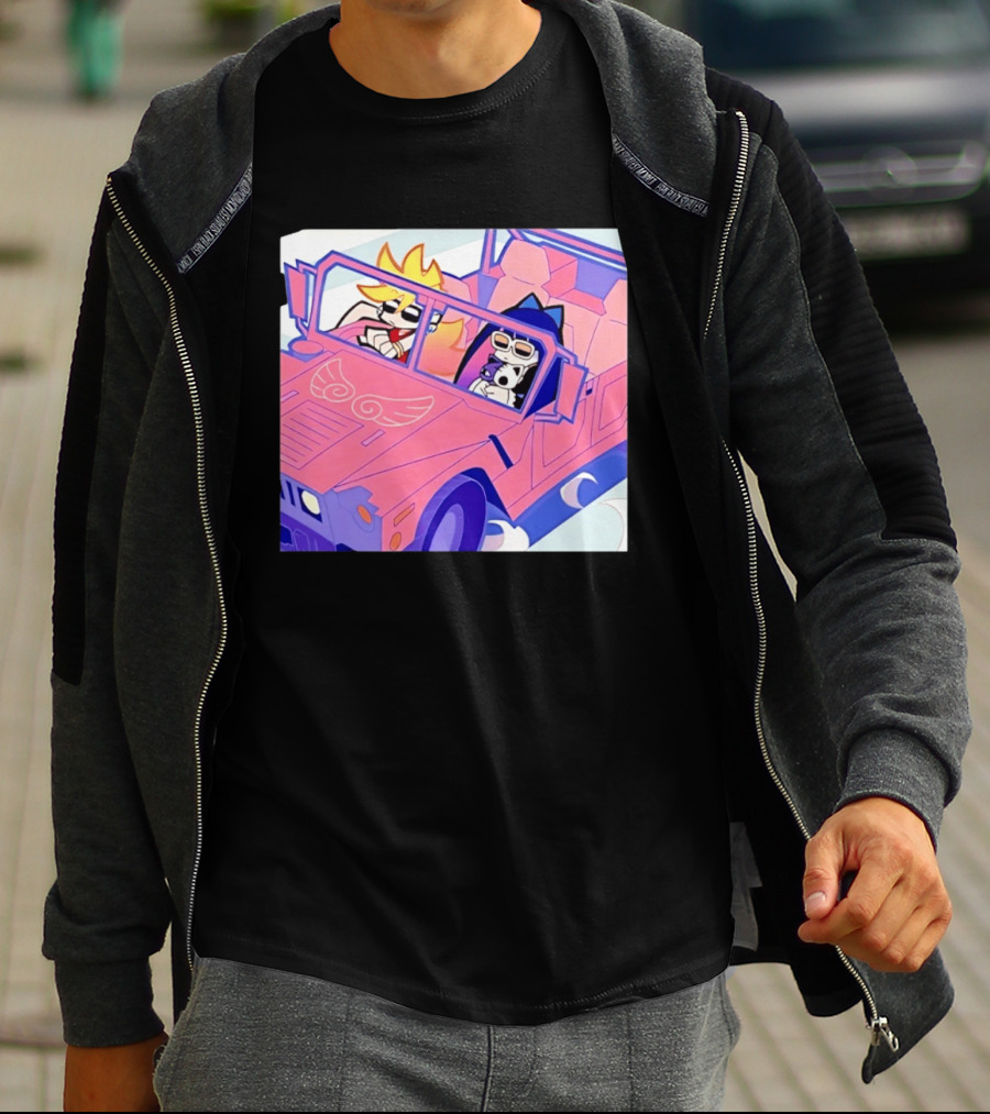 Panty And Stocking With Garterbelt Anime Characters Riding In Pink Car T-Shirt