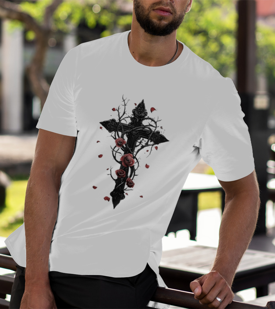 Gothic Cross Red Roses Thorns Religious Symbol Roses T-Shirt