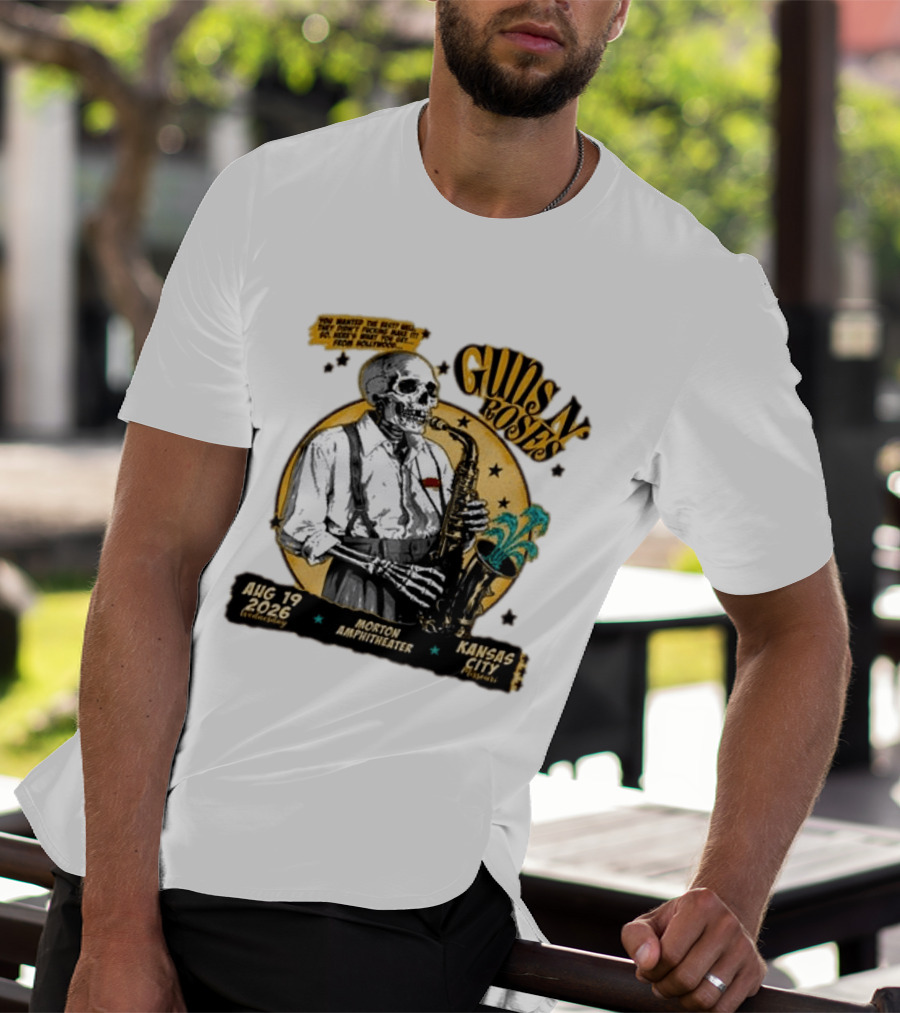 Guns N' Roses Aug 19 2026 Morton Amphitheater Kansas City Skeleton Saxophone T-Shirt