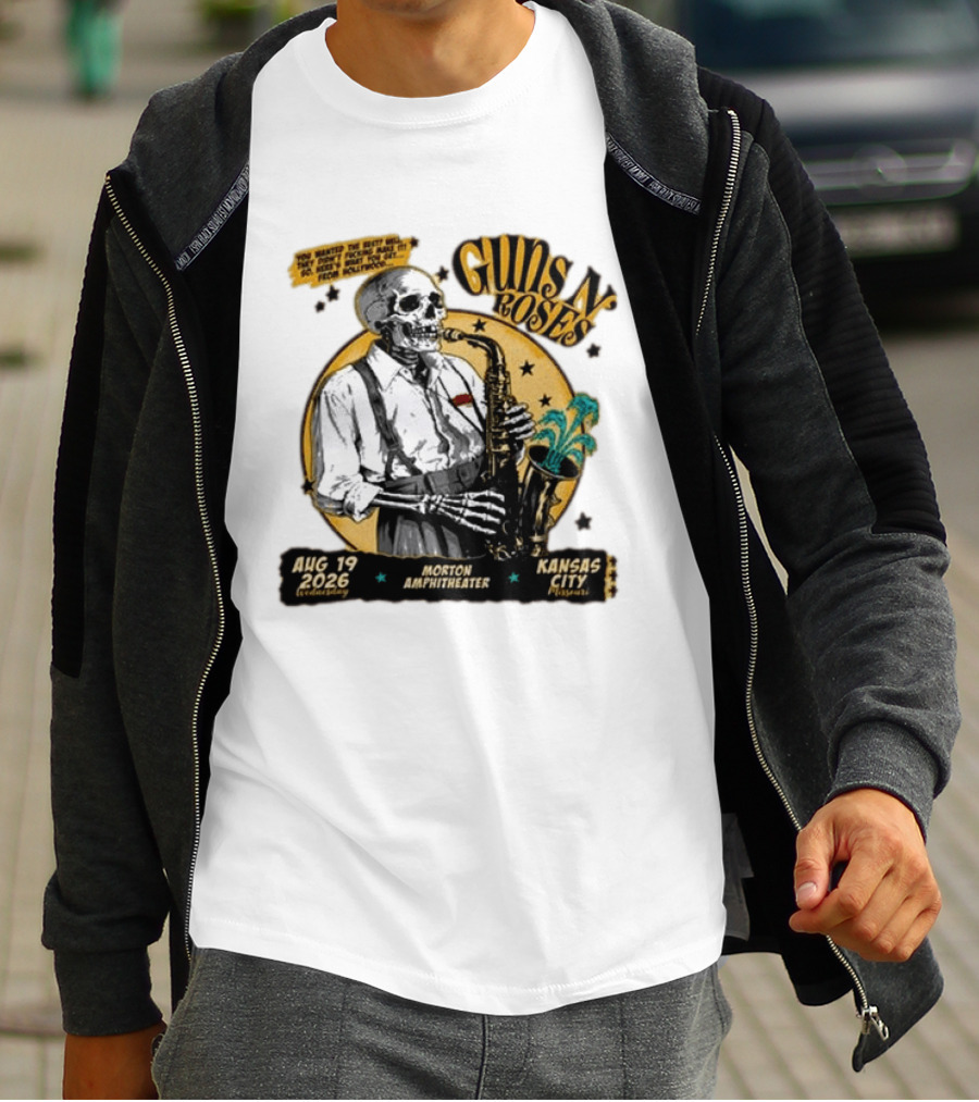 Guns N' Roses Aug 19 2026 Morton Amphitheater Kansas City Skeleton Saxophone T-Shirt