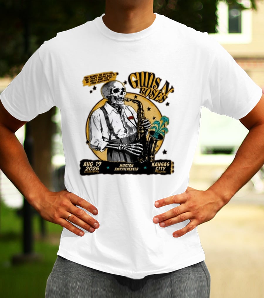 Guns N' Roses Aug 19 2026 Morton Amphitheater Kansas City Skeleton Saxophone T-Shirt