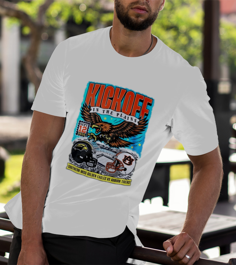 Kickoff In The Plains Southern Miss Golden Eagles Vs Auburn Tigers Sept 12 2026 Football Matchup T-Shirt