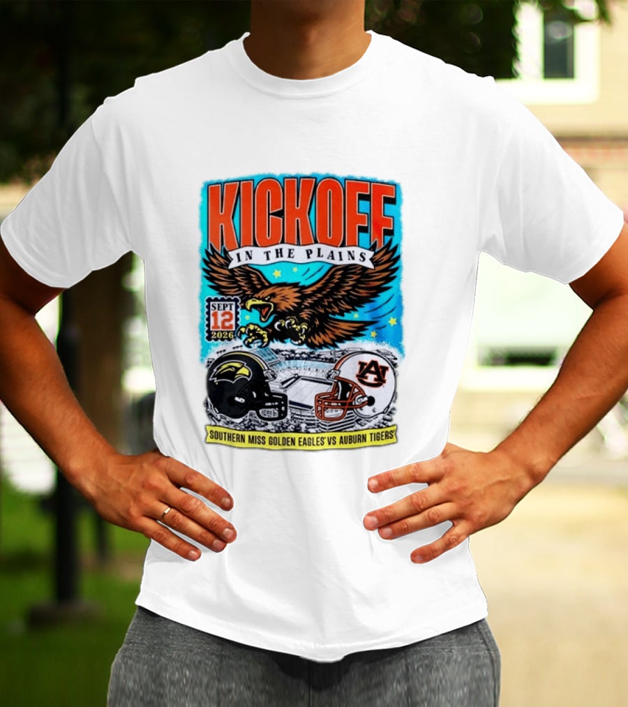 Kickoff In The Plains Southern Miss Golden Eagles Vs Auburn Tigers Sept 12 2026 Football Matchup T-Shirt