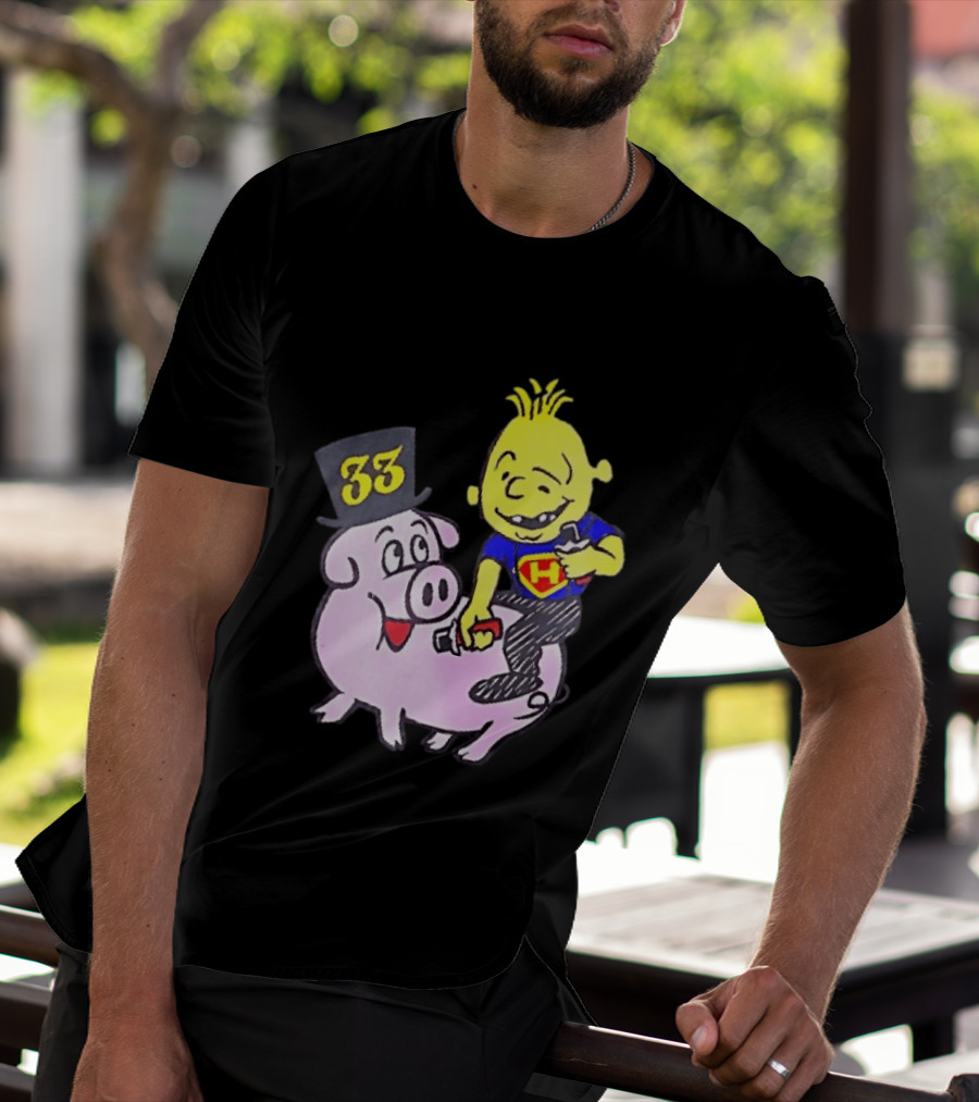 33 Cartoon Boy Yellow Hair Riding Pink Pig Black Top Hat H Hero T-Shirt
